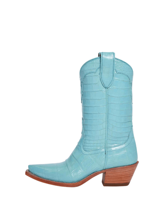 Snip-Toe Wide Mid Calf Cowgirl Boots - Blue Crocodile-Embossed Vegan Leather