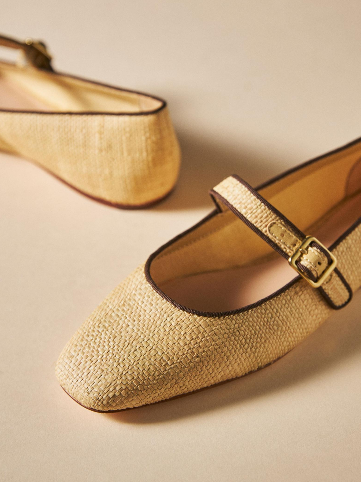 Sand Woven Square-Toe Boho Flats Mary Janes With Buckled Strap