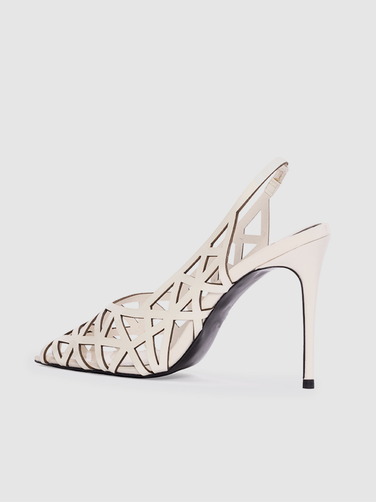 Patent Ivory Pointed-Toe Laser-Cut Slingback Pump High Heels