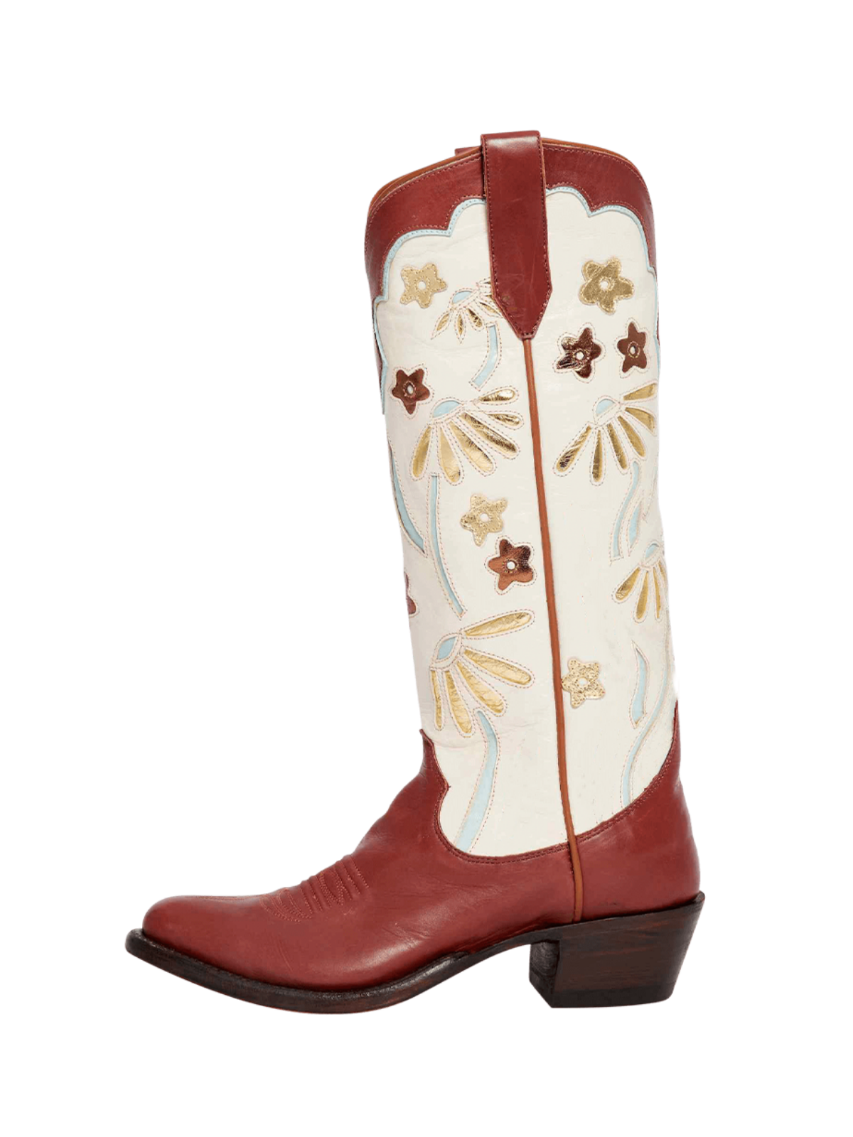 Contrast Caramel And Cream Round-Toe Metallic Flower Inlay Wide Mid Calf Cowgirl Boots