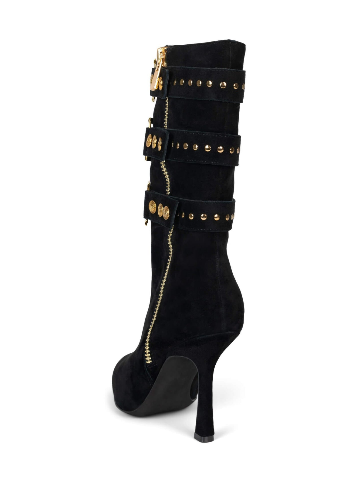 Black Faux Suede Pointed-Toe Full-Zip Mid Calf Stiletto Boots With Straps And Gold Emblem