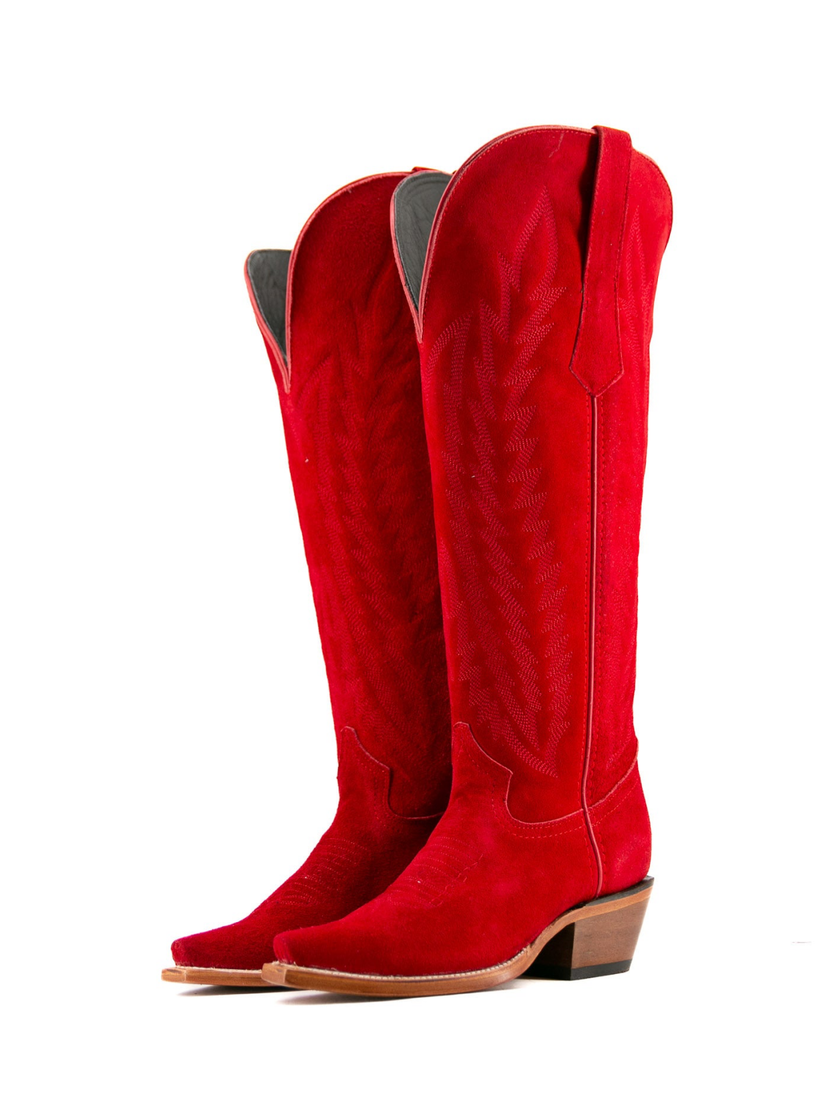 Red Faux Suede Snip-Toe Half-Zip Embroidery Knee High Cowgirl Boots