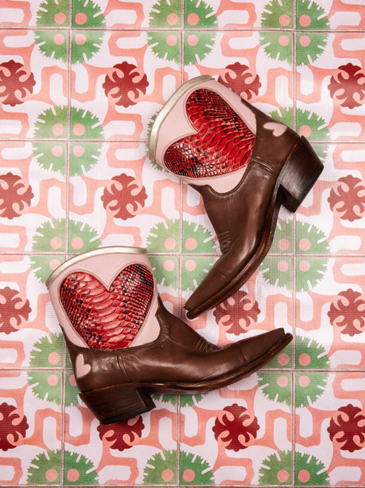 Contrast Brown And Pink Snip-Toe Metallic Snakeskin Red Heart Inlay Ankle Booties