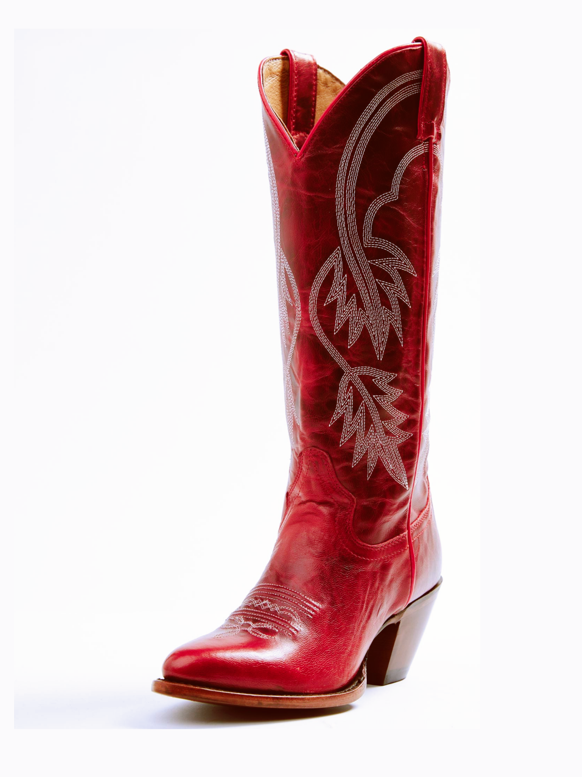 Red Almond-Toe Fallen Leaves Embroidery Wide Mid Calf Tall Cowgirl Boots