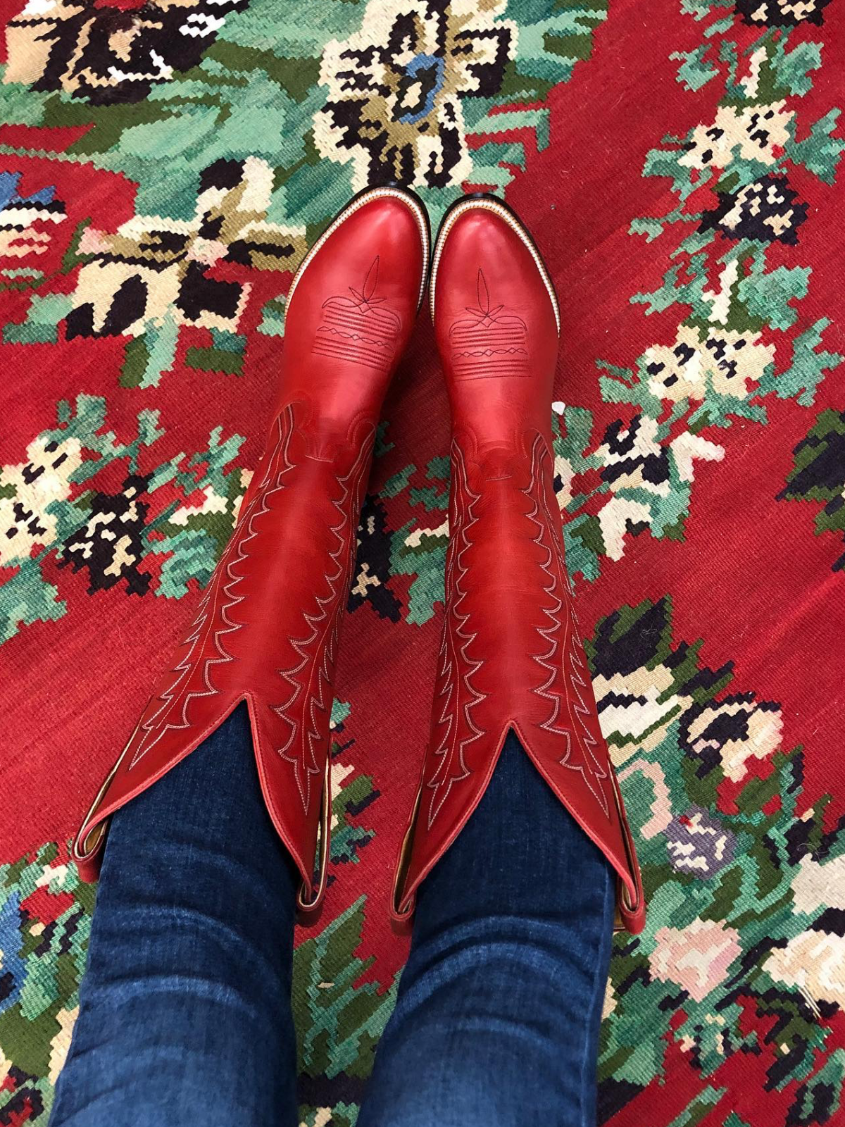 Red Vegan Leather Embroidery Almond-Toe Wide Mid Calf Tall Cowgirl Boots