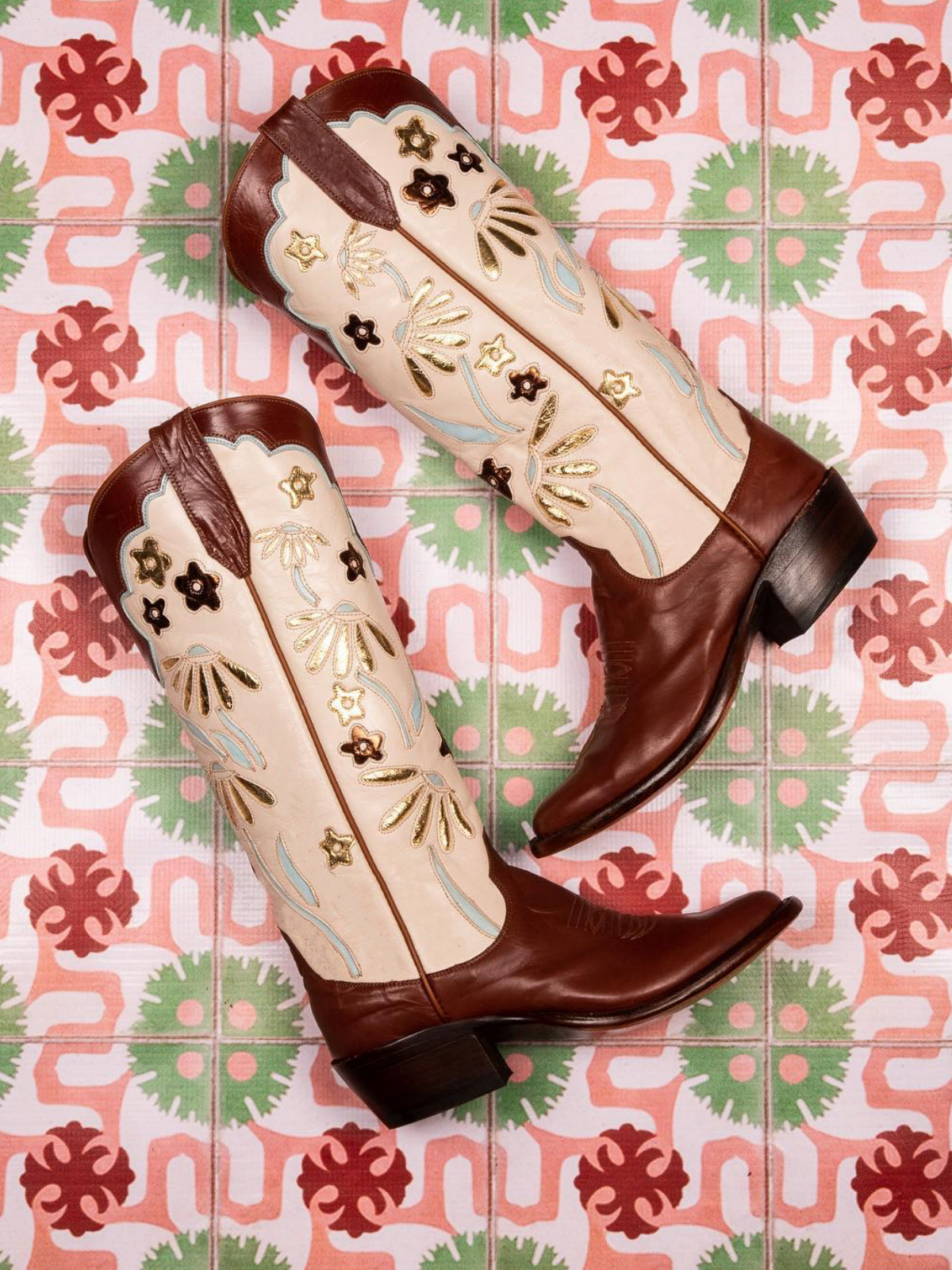 Contrast Caramel And Cream Round-Toe Metallic Flower Inlay Wide Mid Calf Cowgirl Boots