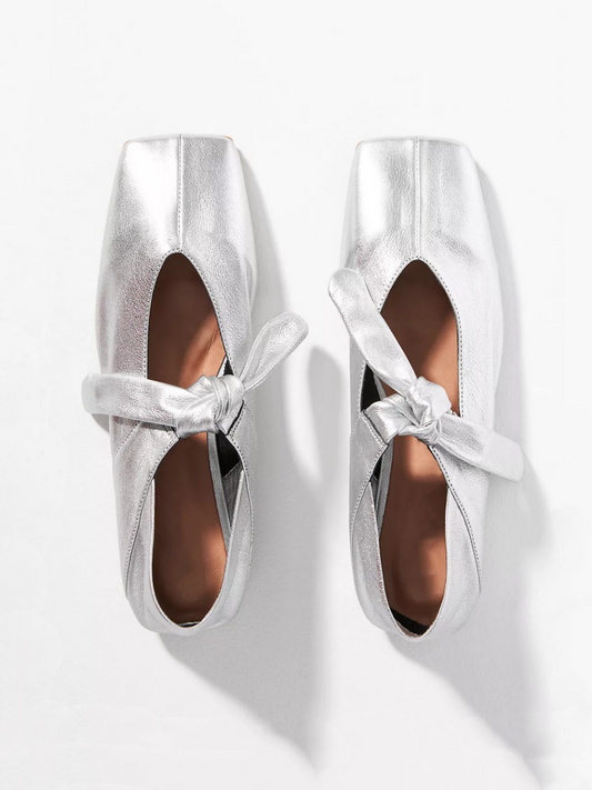 Crinkle Metallic Silver Square Toe Knot Bow Mary Janes Tied Flats Slippers