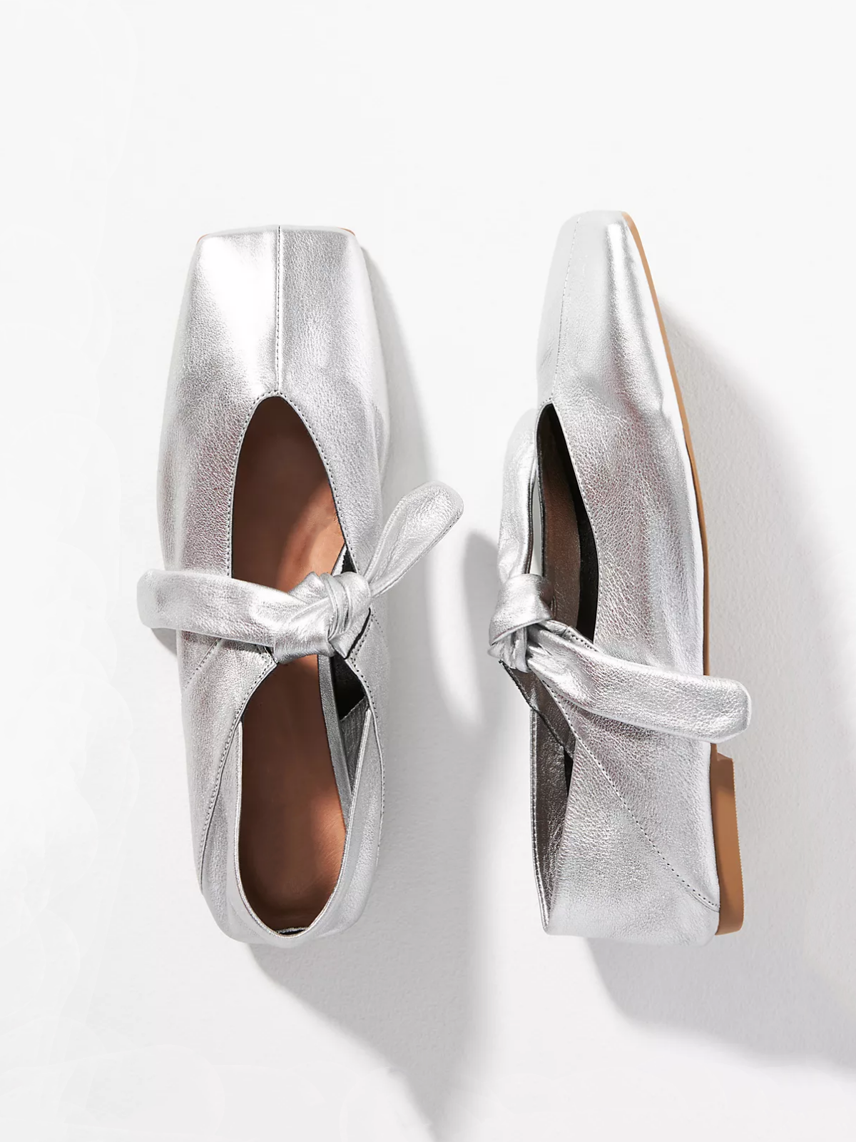 Crinkle Metallic Silver Square Toe Knot Bow Mary Janes Tied Flats Slippers