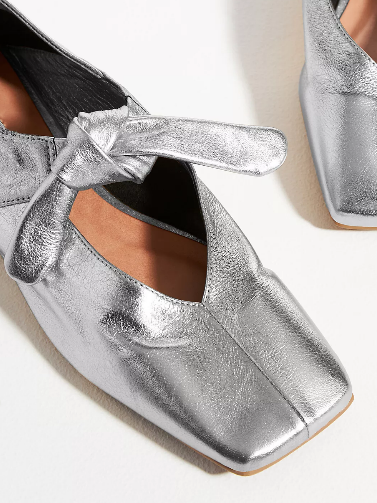 Crinkle Metallic Silver Square Toe Knot Bow Mary Janes Tied Flats Slippers