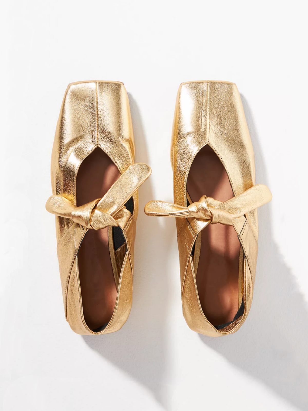 Crinkle Metallic Gold Square Toe Knot Bow Mary Janes Tied Flats Slippers