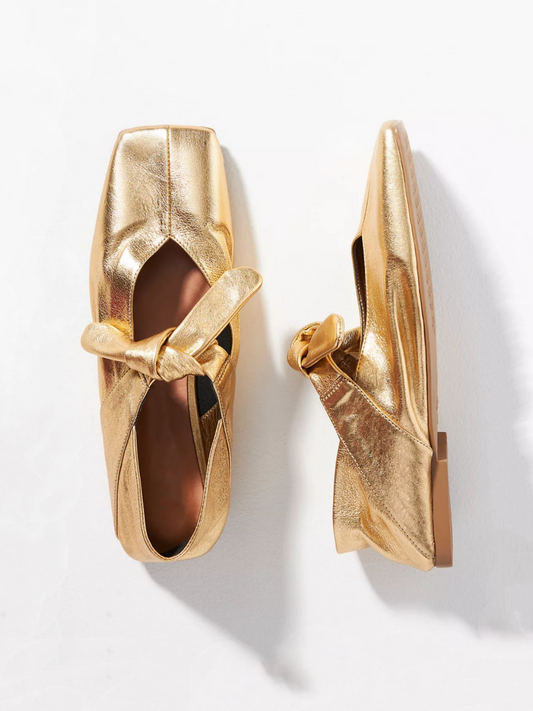 Crinkle Metallic Gold Square Toe Knot Bow Mary Janes Tied Flats Slippers