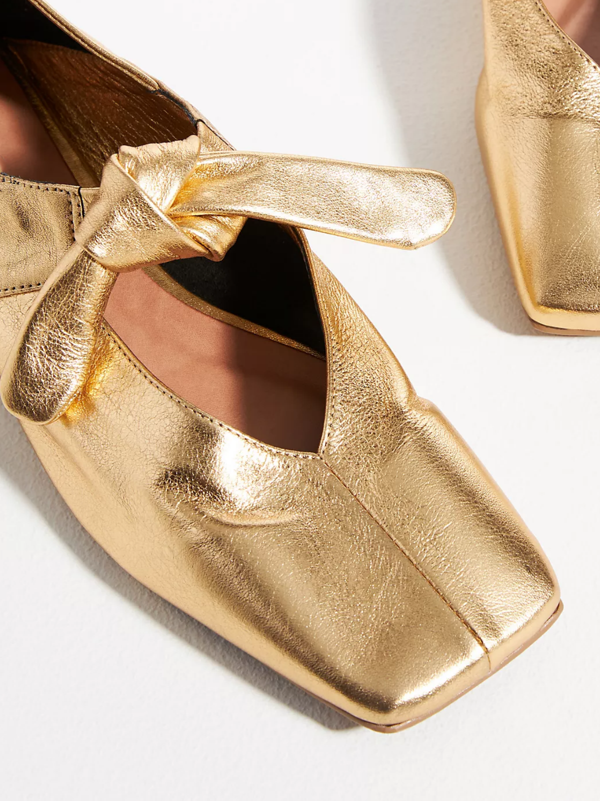 Crinkle Metallic Gold Square Toe Knot Bow Mary Janes Tied Flats Slippers