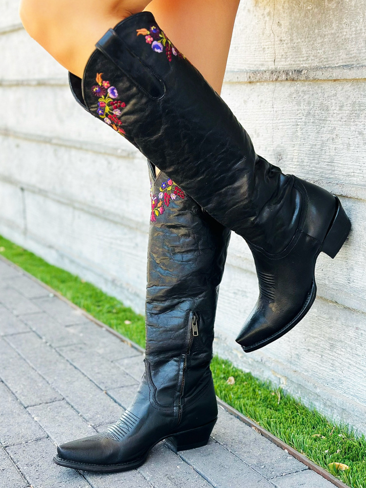 Distressed Black Snip-Toe Colorful Floral Embroidery Half-Zip Tall Knee High Cowgirl Boots