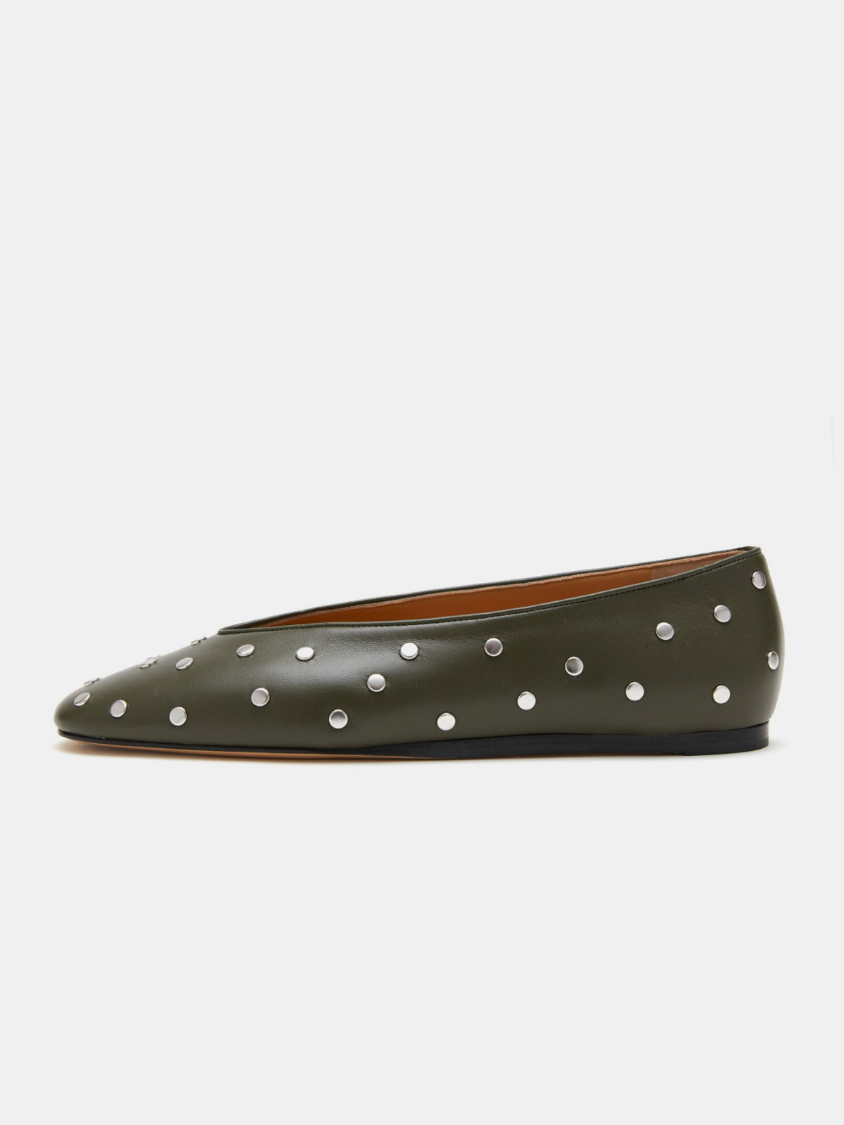 Green Studded Square-Toe Ballet Flats