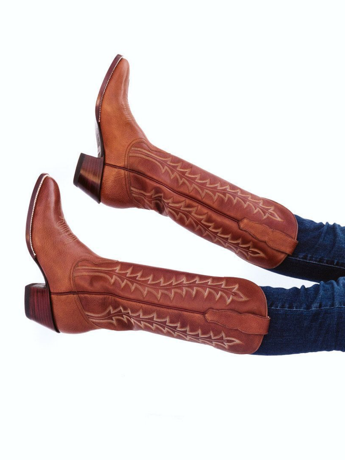 Cinnamon Brown Vegan Leather Embroidery Almond-Toe Wide Mid Calf Tall Cowgirl Boots