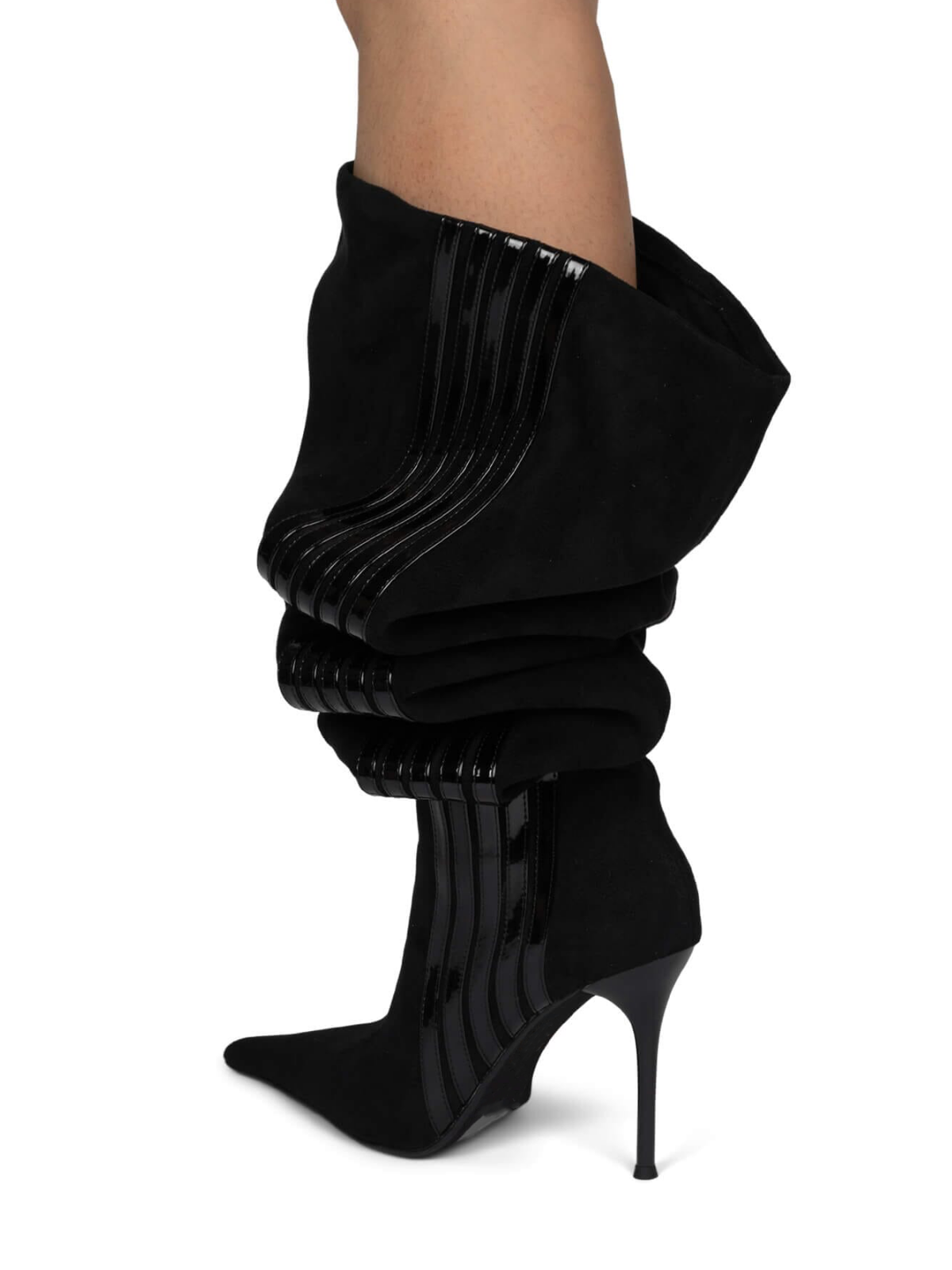 Black Pointed-Toe Slouchy Wide Calf Over-The-Knee Stiletto Boots With Patent Stripe