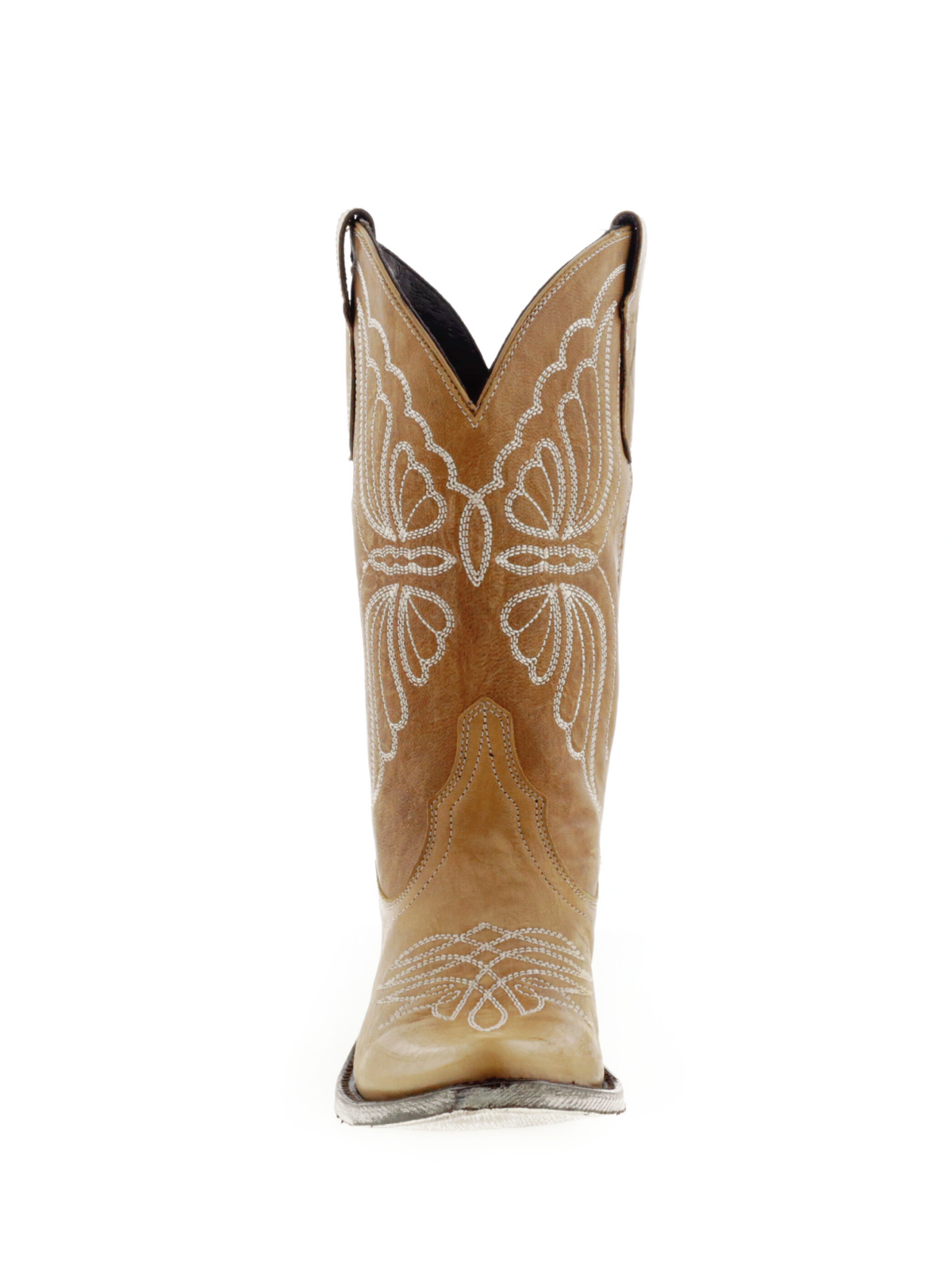 Butterfly Embroidery Almond-Toe Wide Mid Calf Cowgirl Boots - Tan