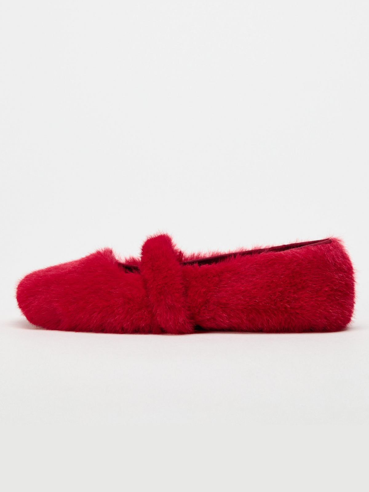 Red Faux Fur Round-Toe Front Strap Ballet Flats