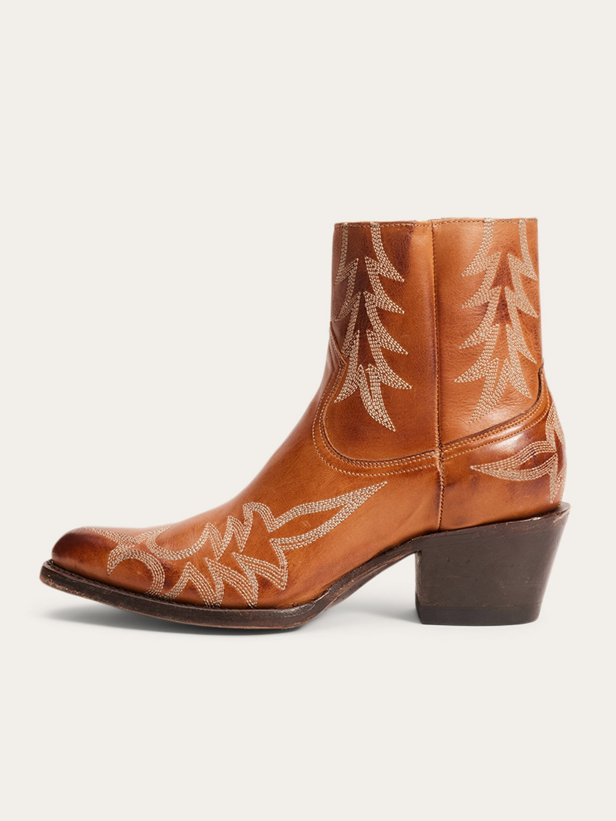 Brown Almond-Toe Embroidery Full-Zip Cowgirl Ankle Booties