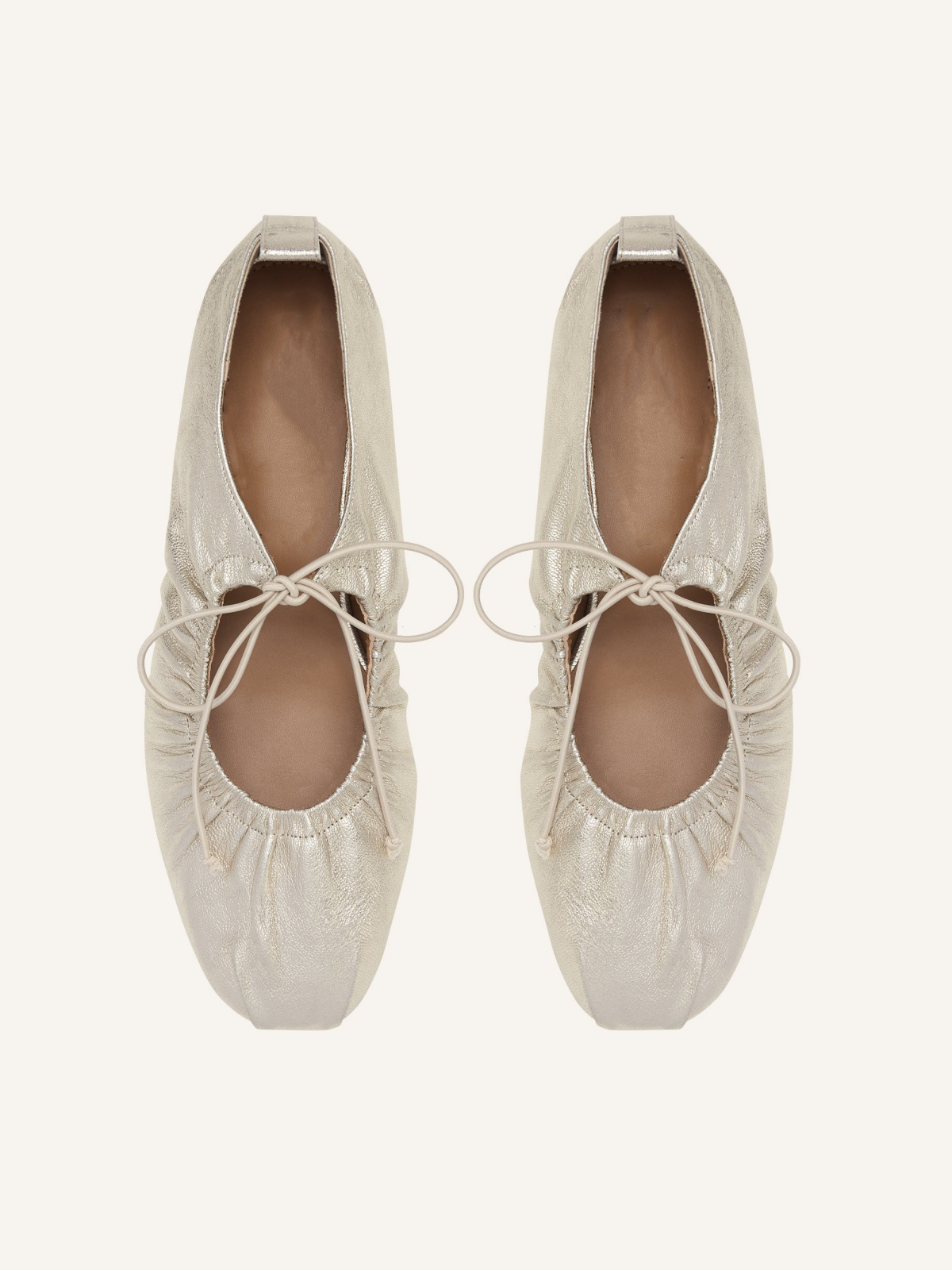 Metallic Gold Tied Bow Shirring Round Toe Ballet Flats