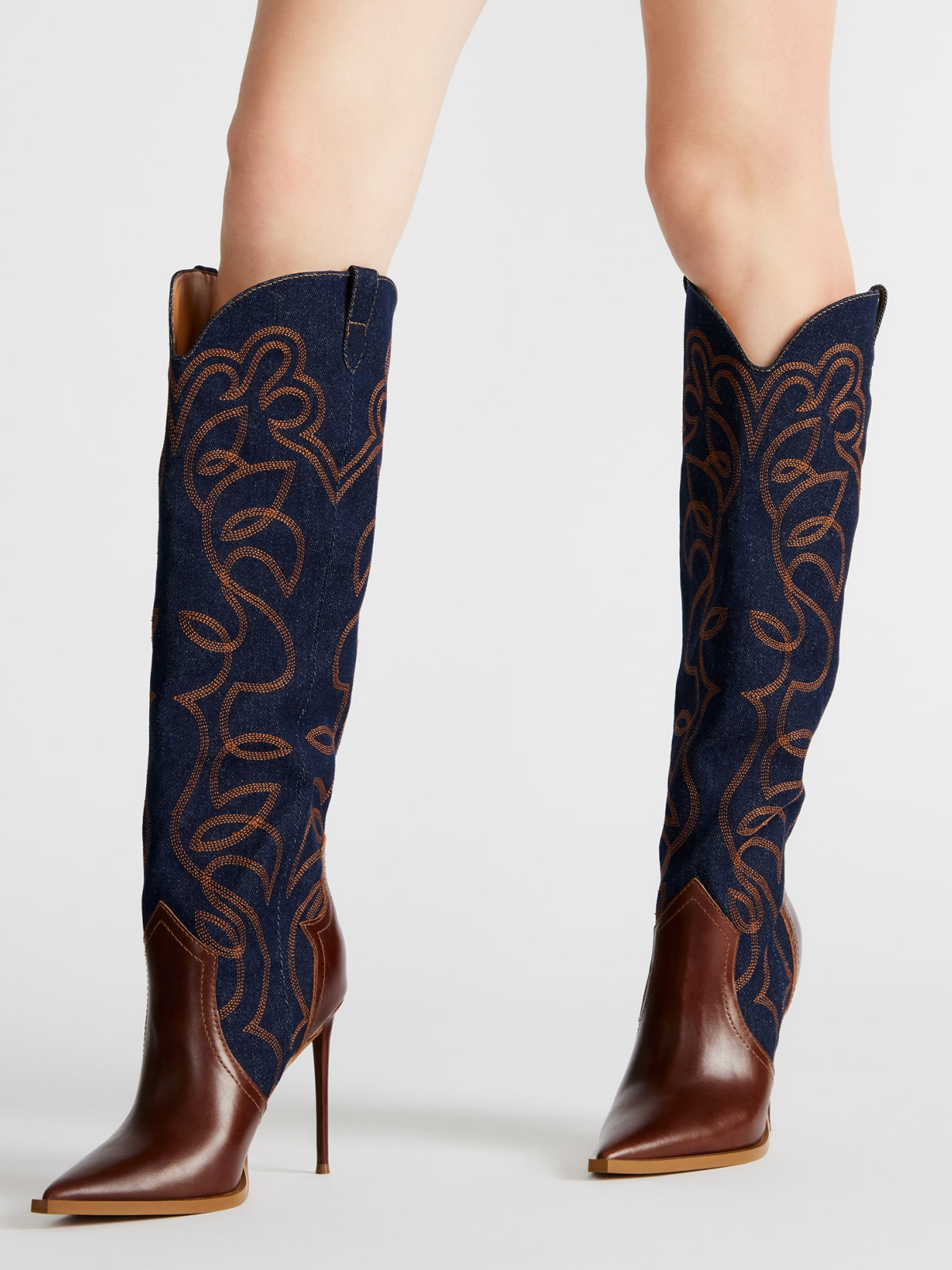 Contrast Brown Vegan Leather And Blue Denim Embroidery Wide Mid Calf Stiletto Boots