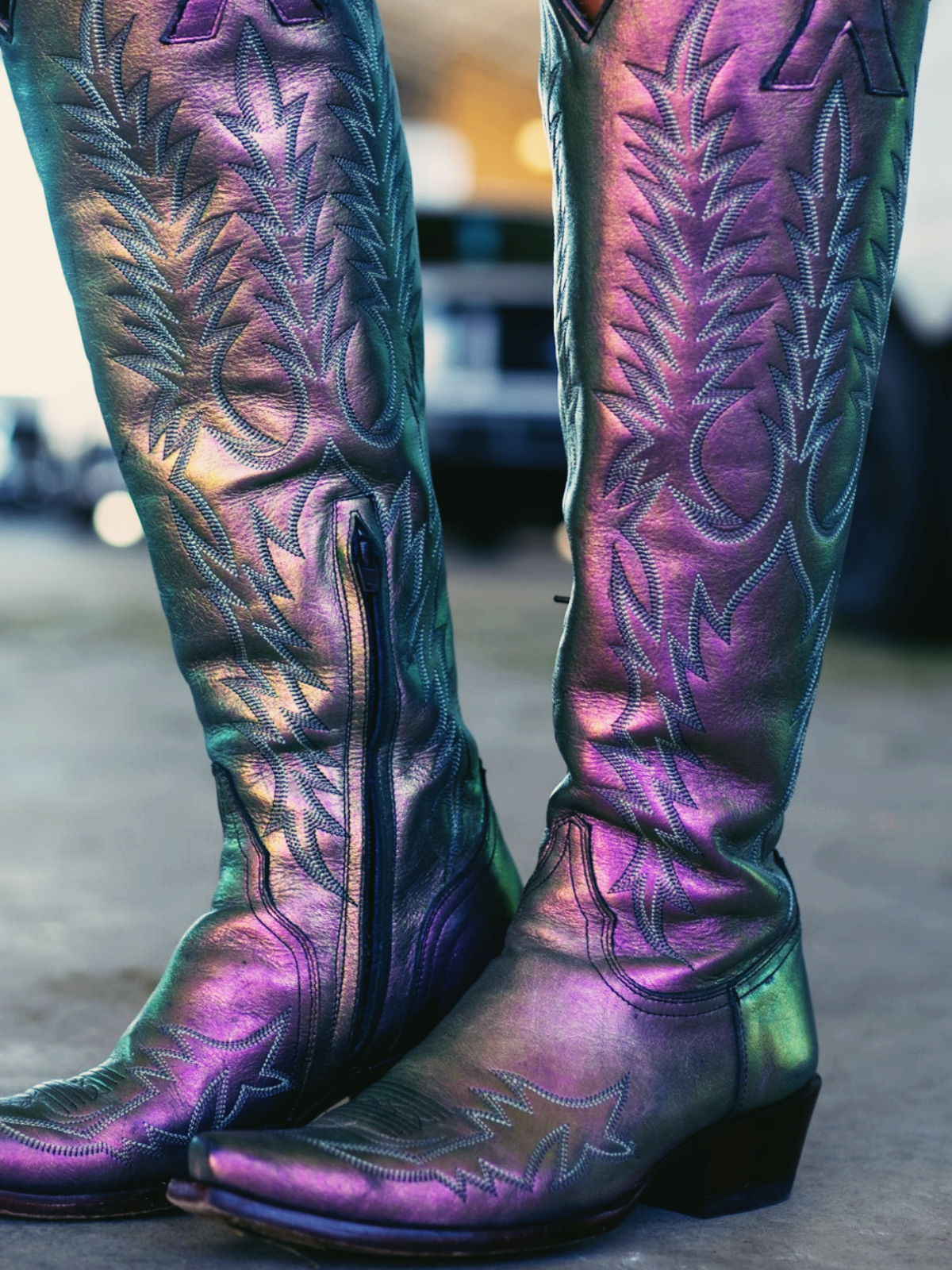 Metallic Iridescent Purple Embroidery Snip-Toe Half-Zip Western Knee High Boots Cowgirl Tall Boots