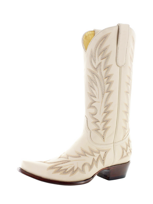 Bone Snip-Toe Embroidery Classic Wide Mid Calf Cowgirl Boots