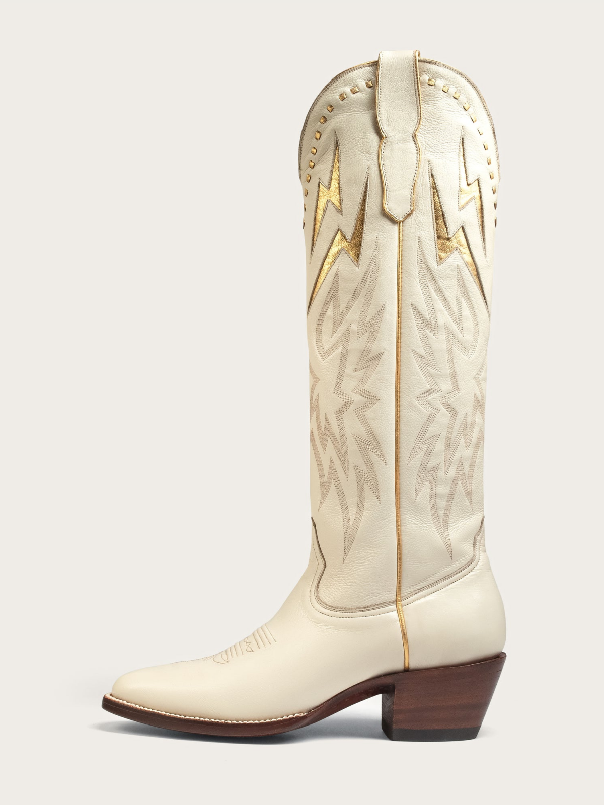 Metallic Gold Lightning Inlay Stitch Embroidery Almond-Toe Wide Mid Calf Tall Cowgirl Boots - Bone