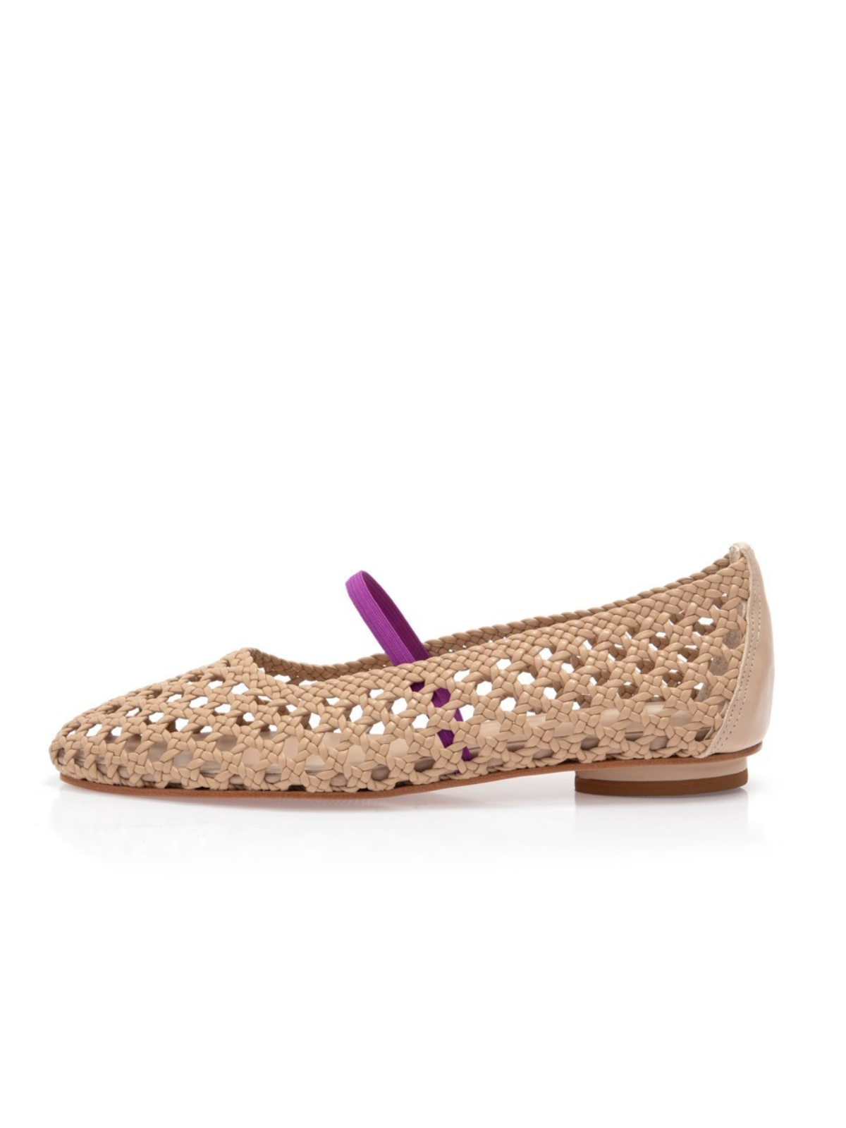 Woven Hollow-Out Square-Toe Ballet Flats Mary Janes In Beige