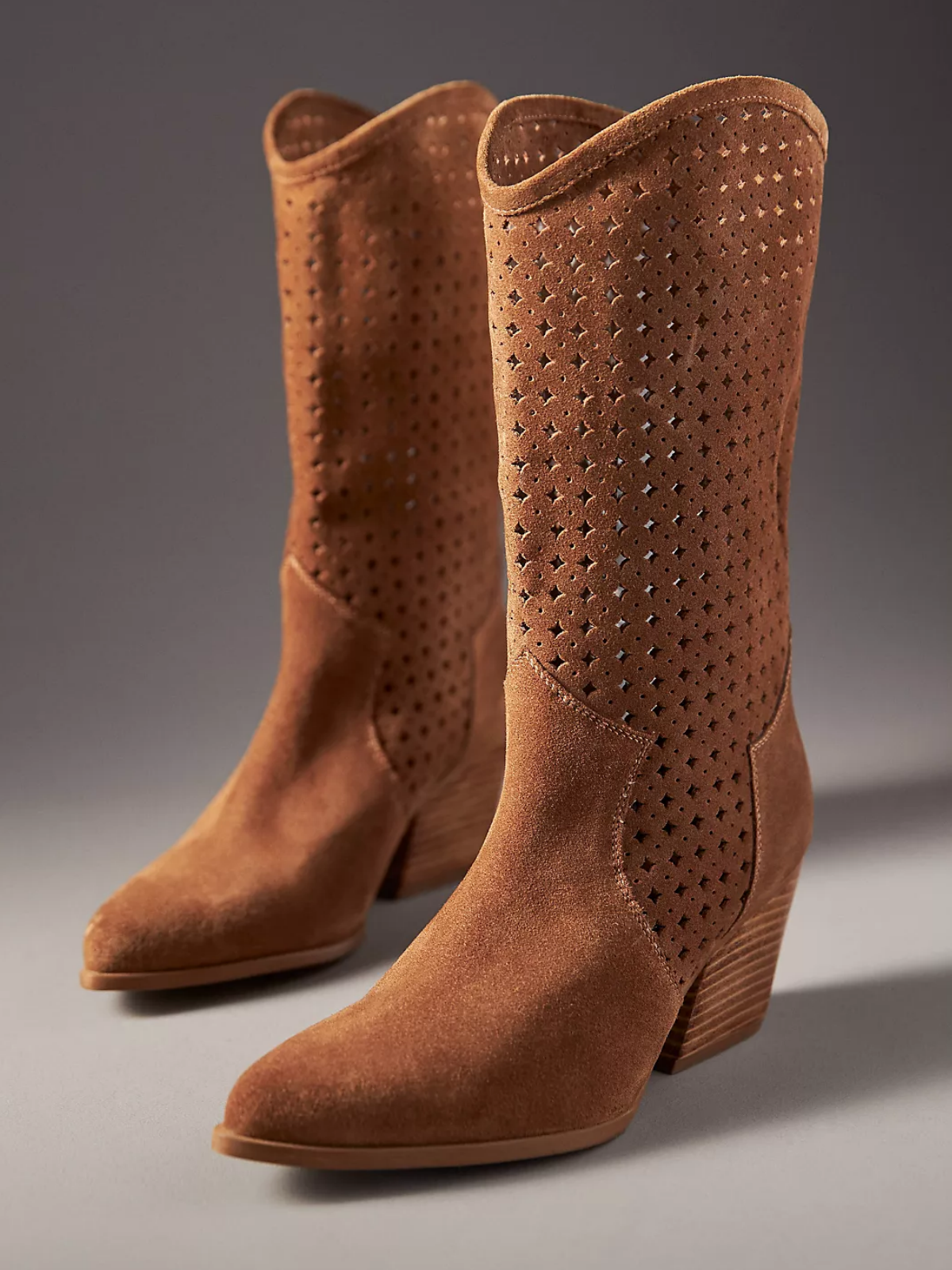 Brown Faux Suede Almond-Toe Hollow-Out Wide Mid Calf Cowgirl Boots