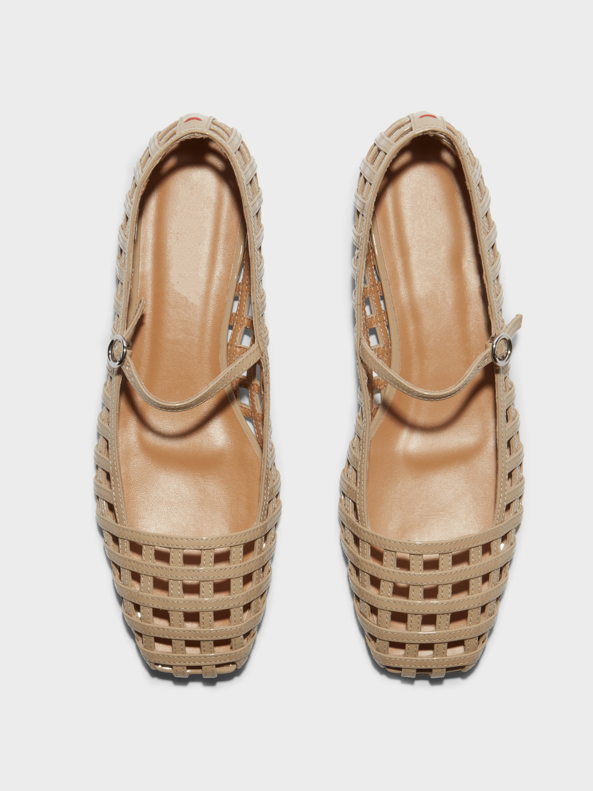 Patent Beige Flats Square-Toe Cutout Mary Janes With Buckled Strap