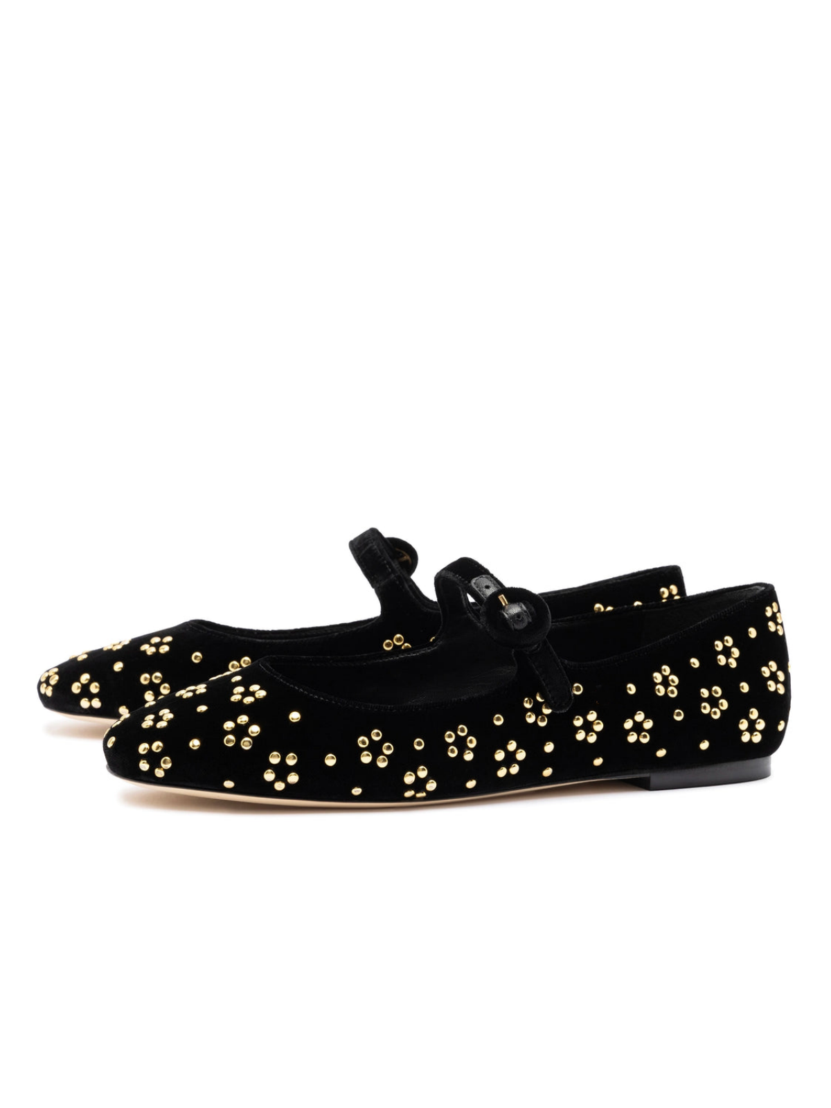 Black Velvet Round-Toe Bridge Starp Ballet Flats With Gold Studs