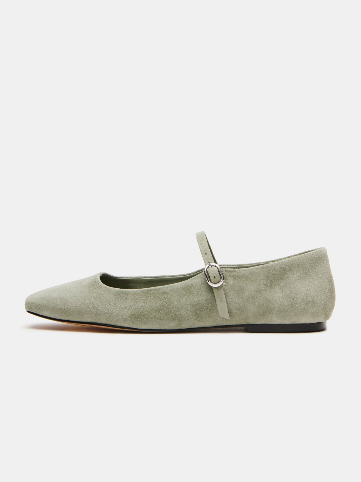 Gray Faux Suede Square-Toe Mary Janes Ballet Flats With Bridge Strap