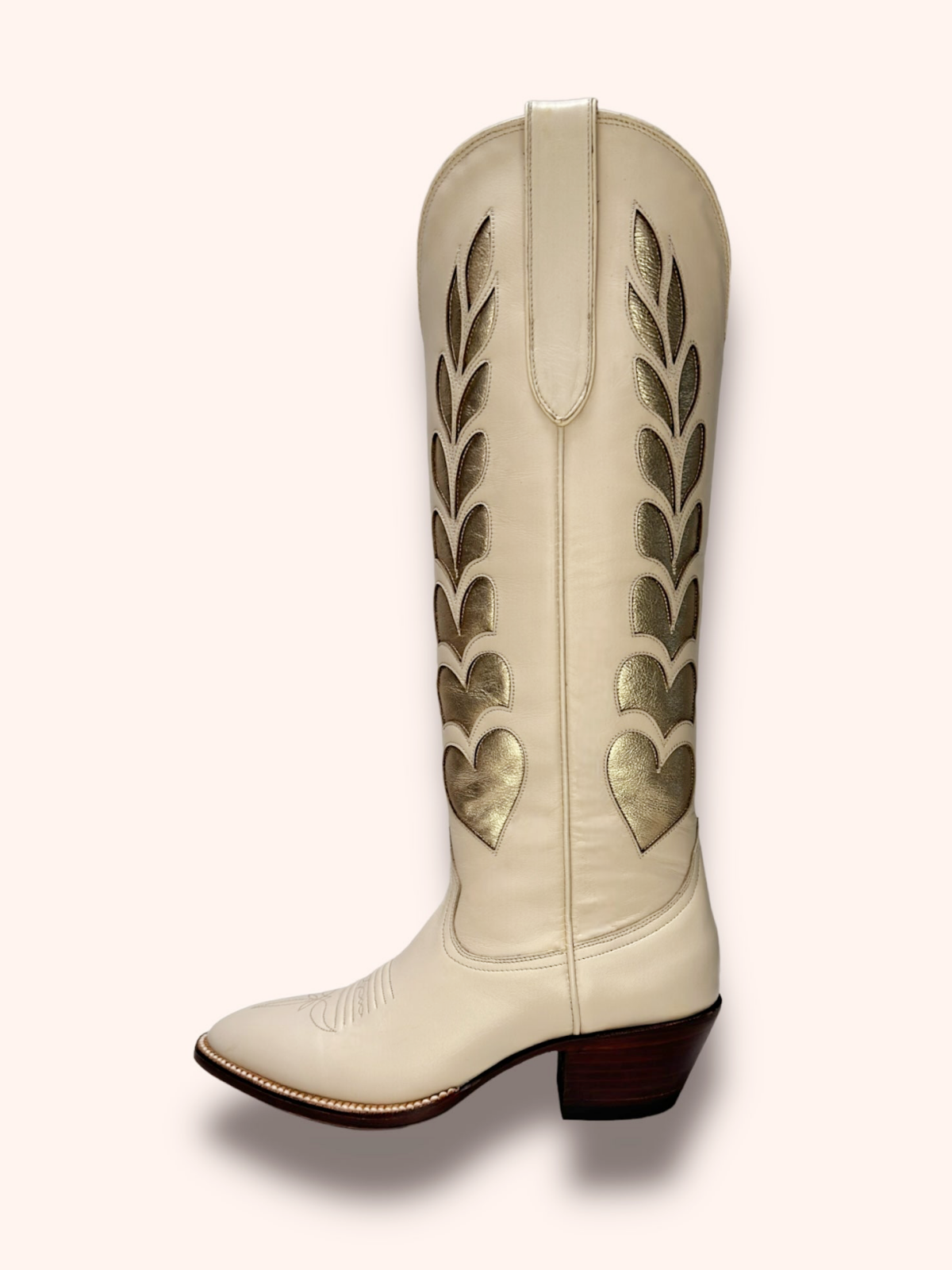 Metallic Heart Inaly And Applique Almond-Toe Wide Mid Calf Tall Cowgirl Boots - Bone