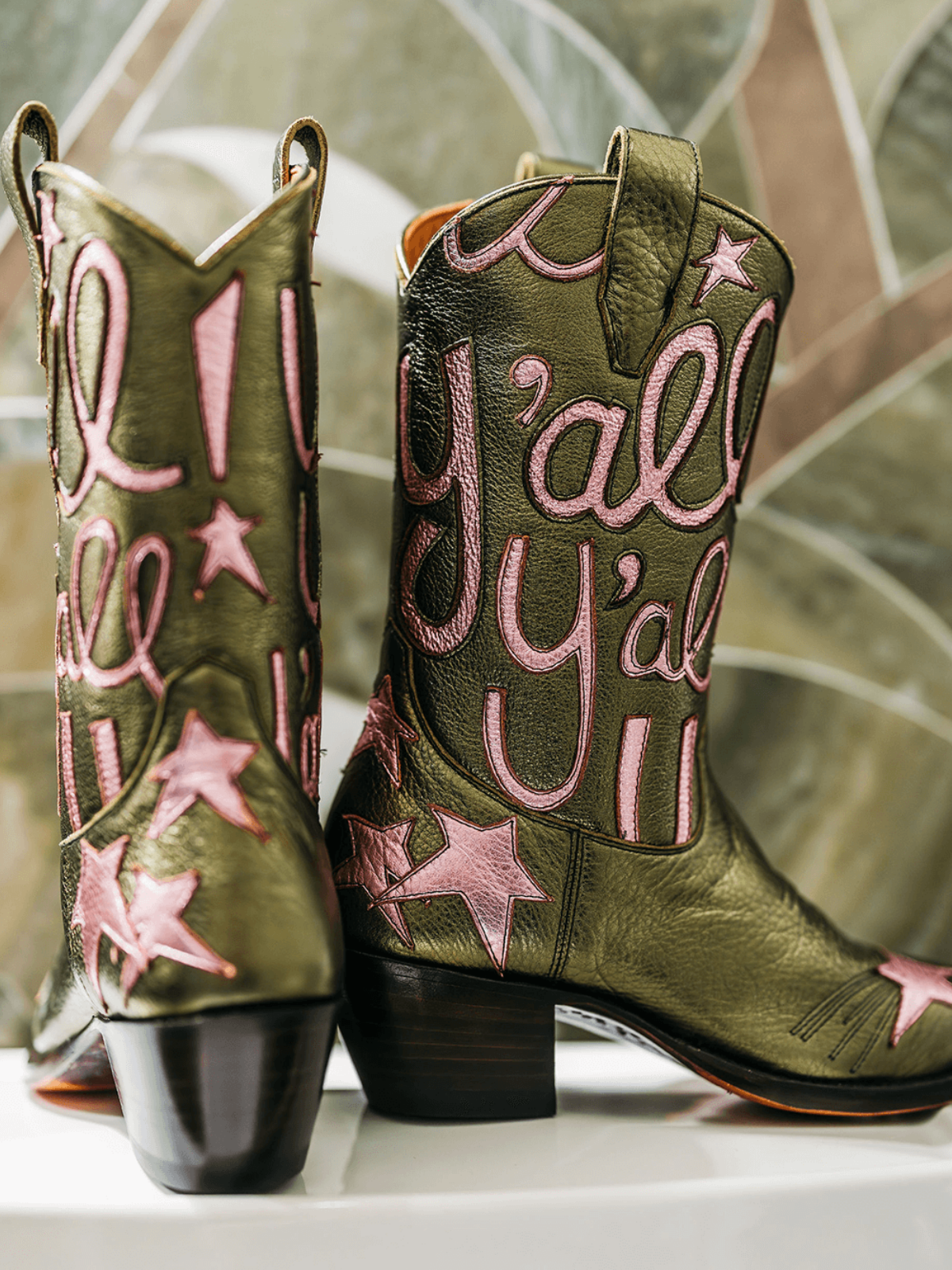 Metallic Green Snip-Toe Star And Letters Inlay Applique Wide Mid Calf Cowgirl Boots