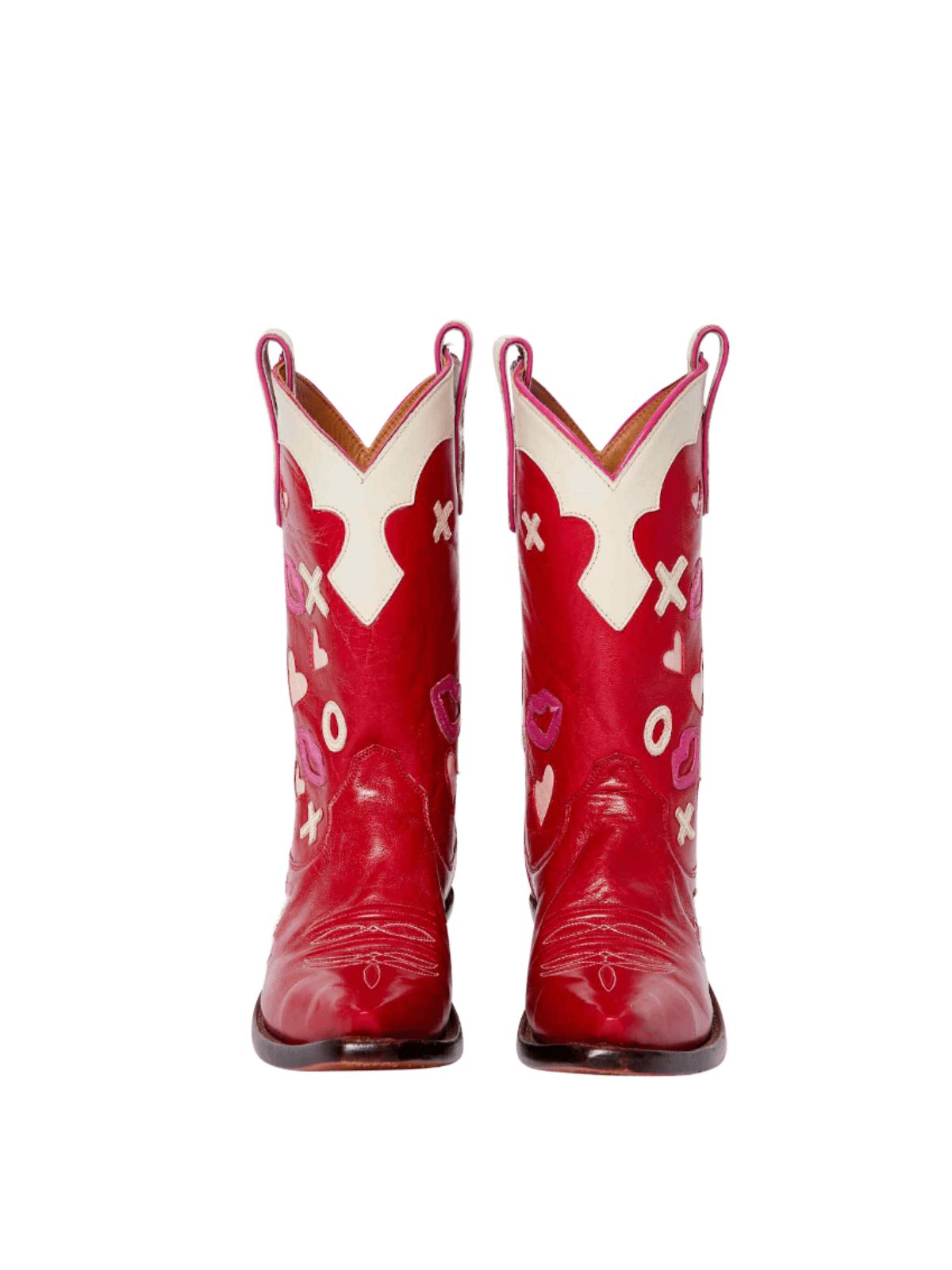 Red Snip-Toe Wide Mid Calf Cowgirl Boots With Inlays And Appliques