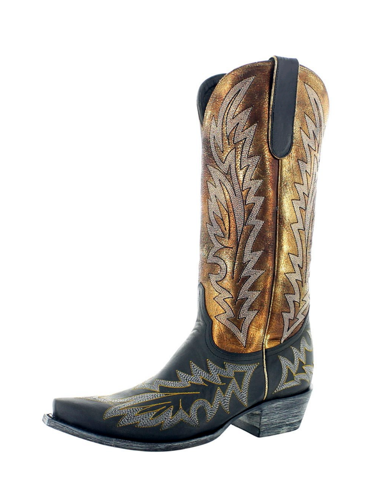 Contrast Black And Metallic Bronze Snip-Toe Embroidery Wide Mid Calf Cowgirl Boots