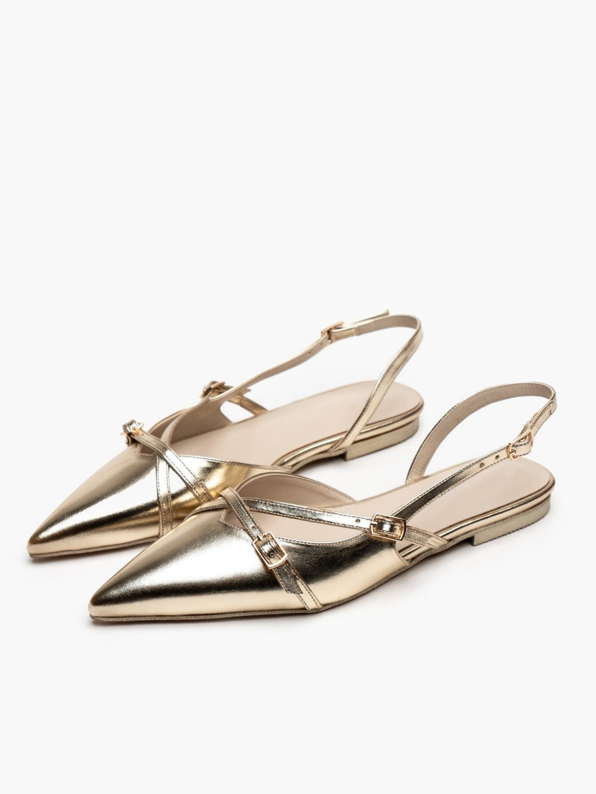 Metallic Gold Buckled Belt Detail Pointy Ballet Flats Slingbacks