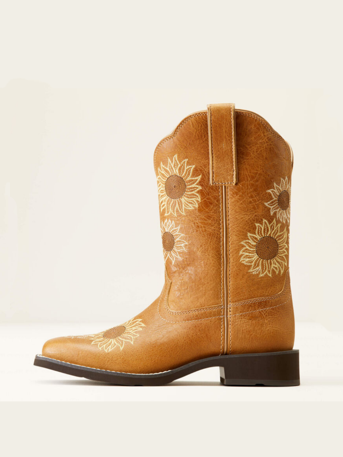 Tan Sunflower Embroidery Square-Toe Wide Mid Calf Cowgirl Boots