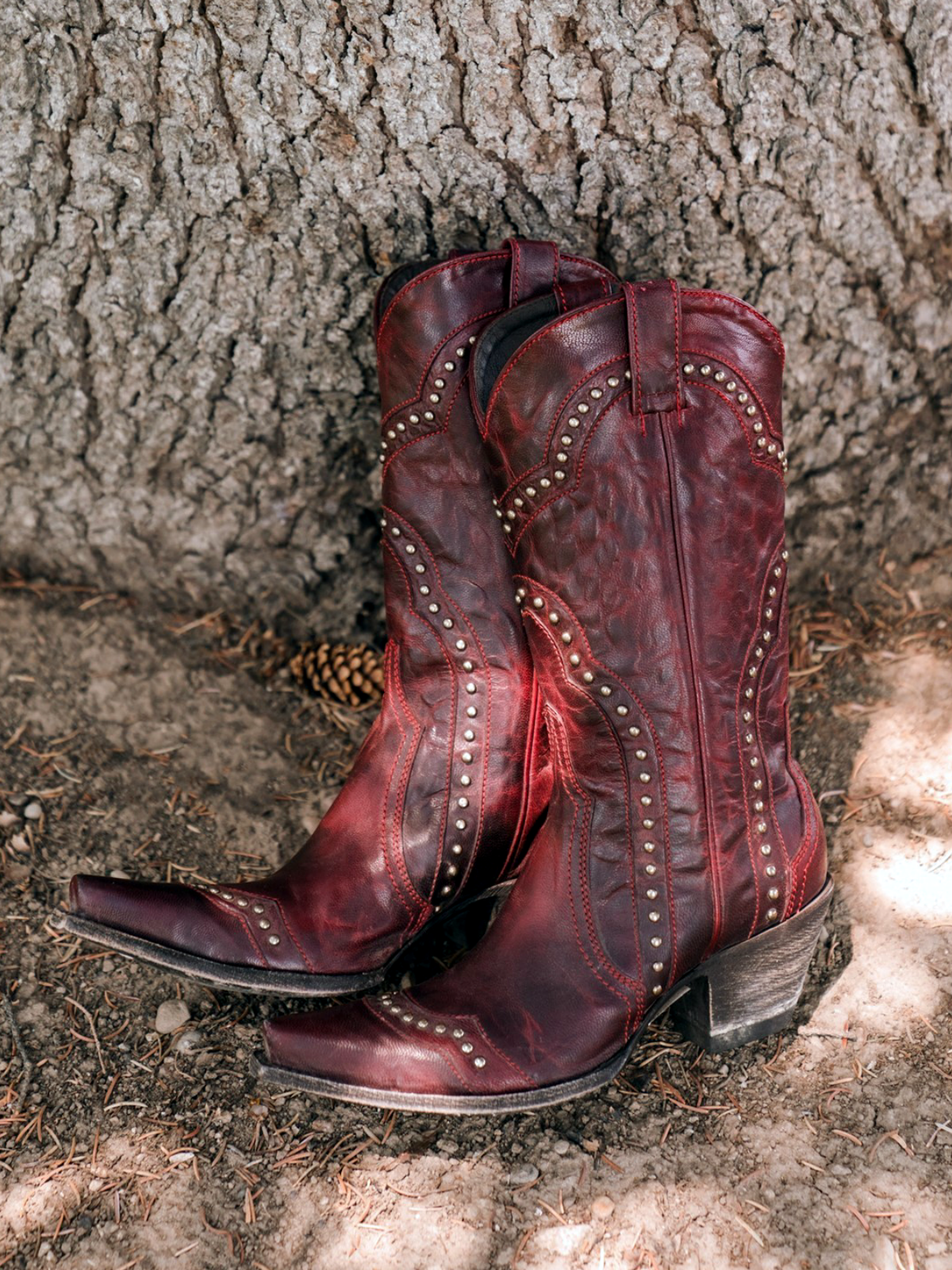 Dark Red Distressed Stitch Studded Snip-Toe Wide Mid Calf Cowgirl Tall Boots