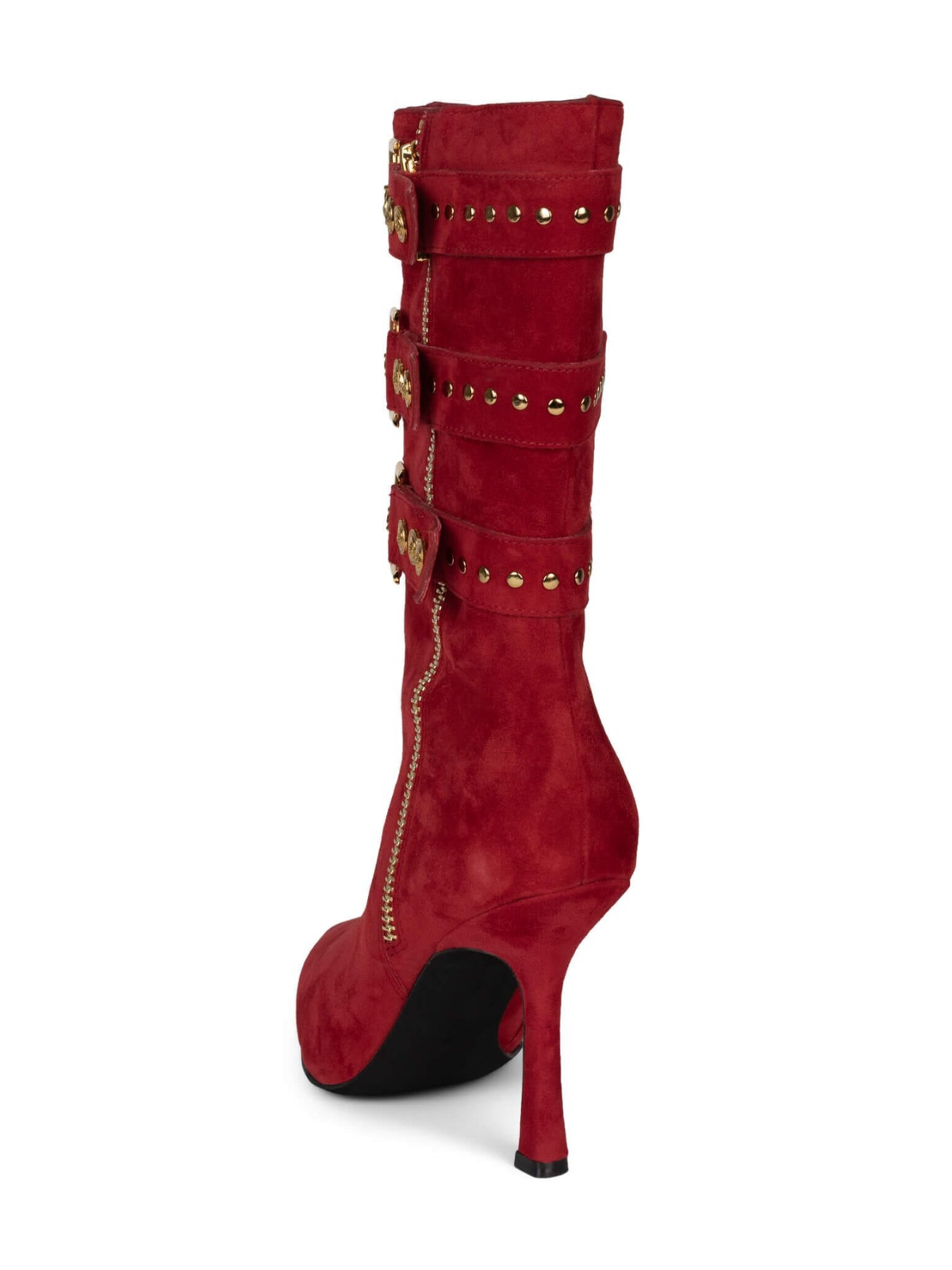 Red Faux Suede Pointed-Toe Full-Zip Mid Calf Stiletto Boots With Straps And Gold Emblem