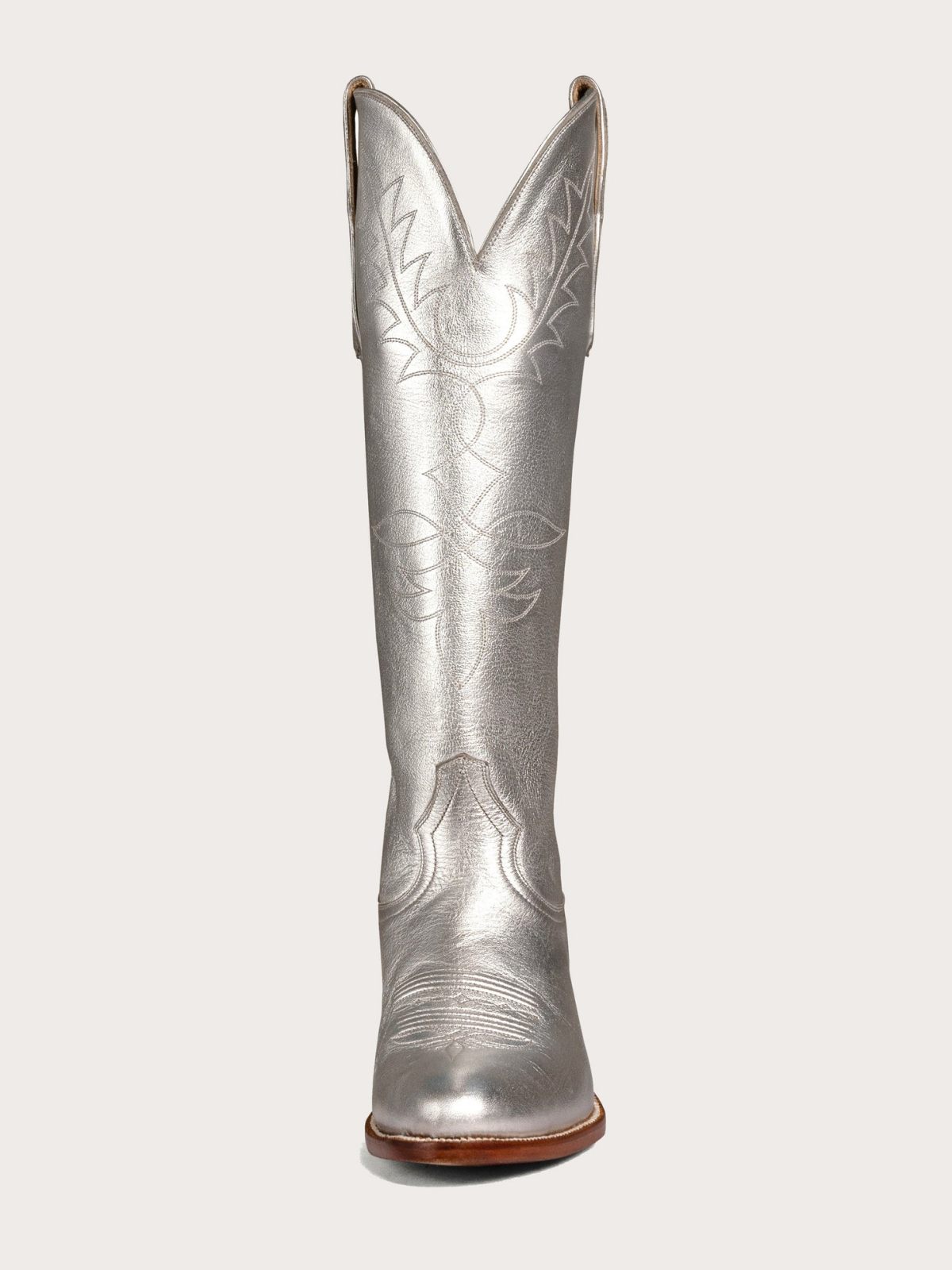 Metallic Silver Round-Toe Embroidery Wide Mid Calf Western Boots