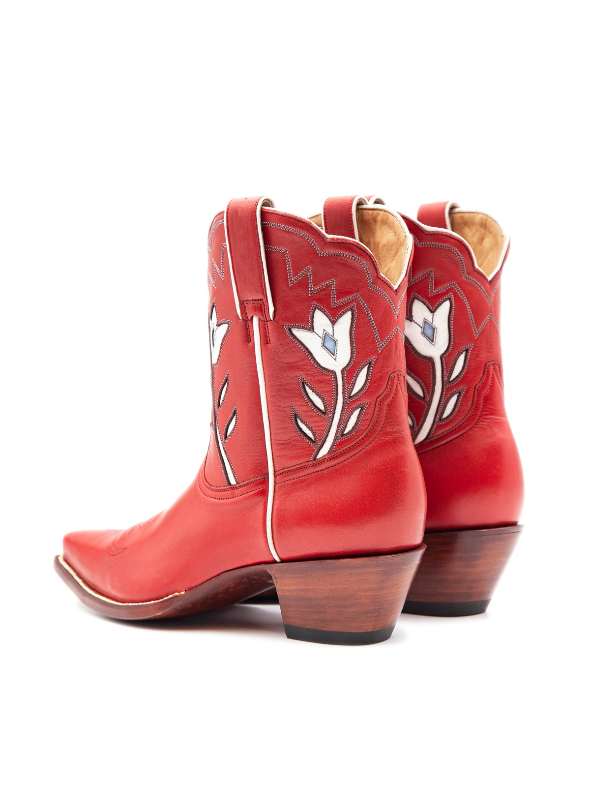 Red Pointed-Toe Wide Mid Calf Cowgirl Boots With White Tulip Inlay