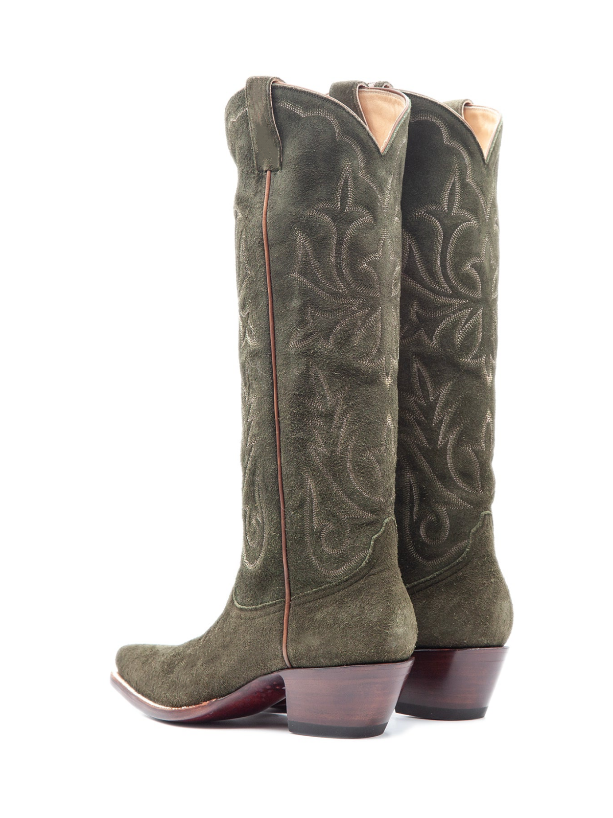 Dark Forest Green Faux Suede Embroidery Snip-Toe Wide Mid Calf Tall Cowgirl Boots