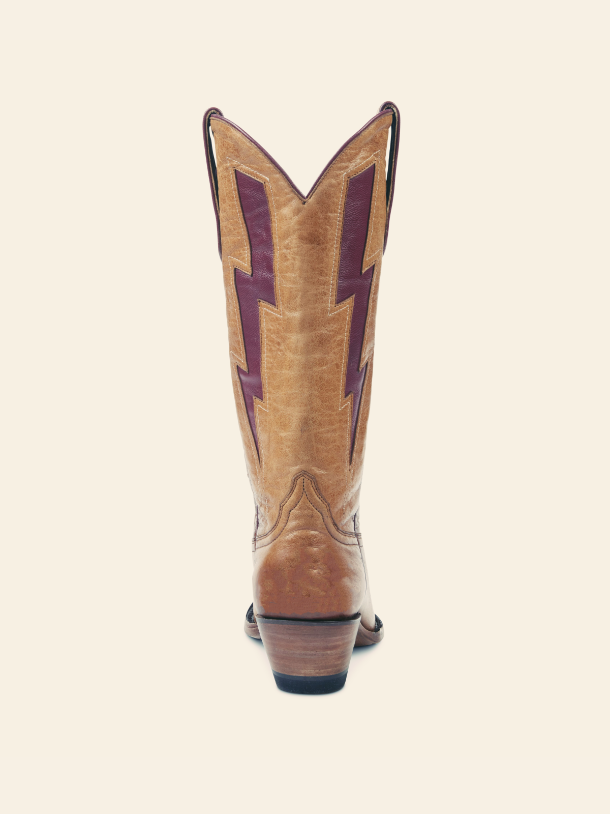 Tan Stitch Snip-Toe Wide Calf Tall Cowgirl Boots With Burgundy Lightning Inlay