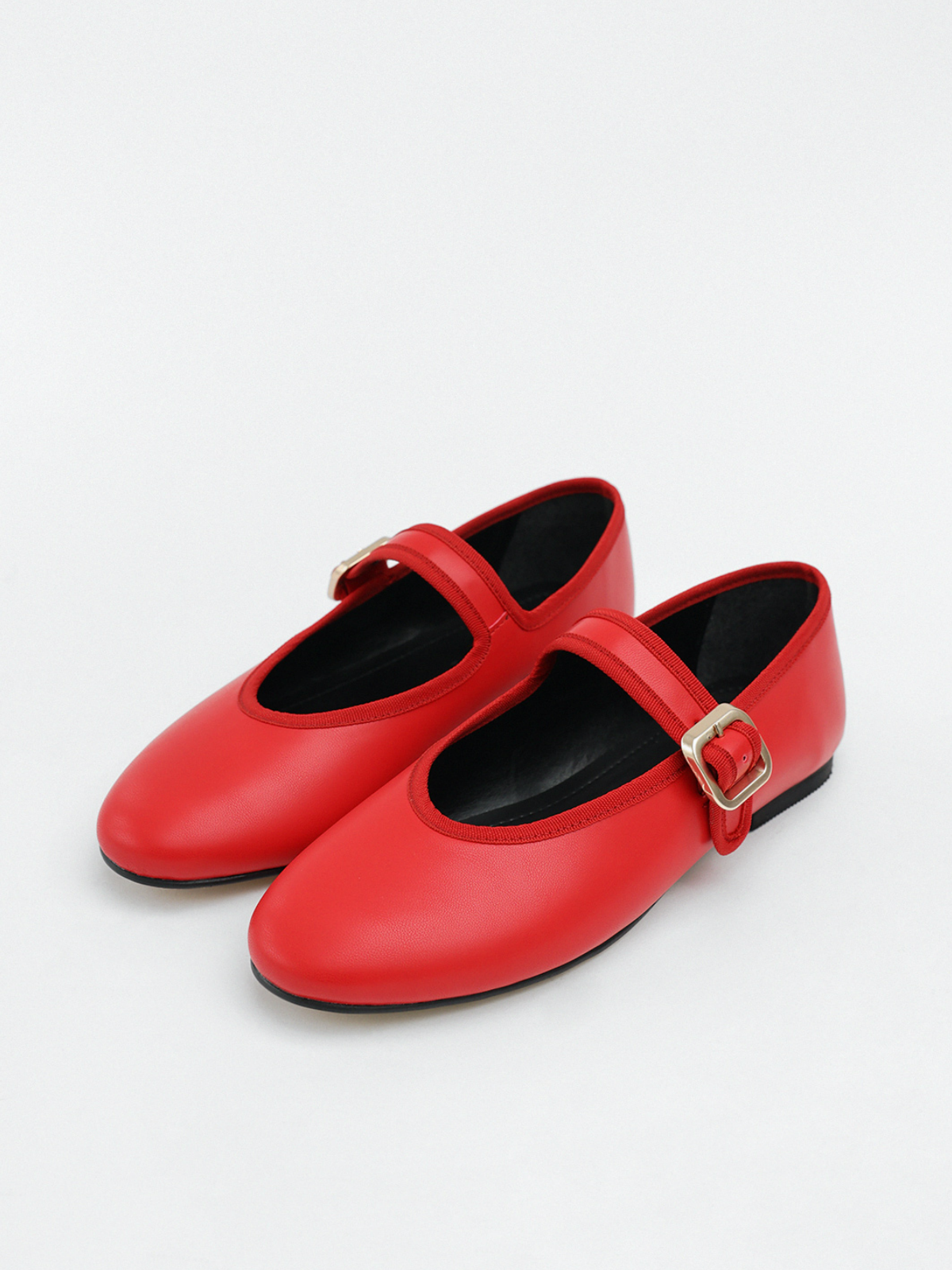 Red Buckled Detailed Oval Ballet Flats Mary Janes With Wide Strap