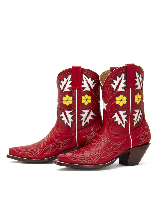 Red Embroidery Floral Inlay Snip-Toe Wide Mid Calf Cowgirl Boots