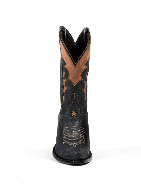 Black Snip-Toe Tan Inlay Applique Wide Mid Calf Cowgirl Boots