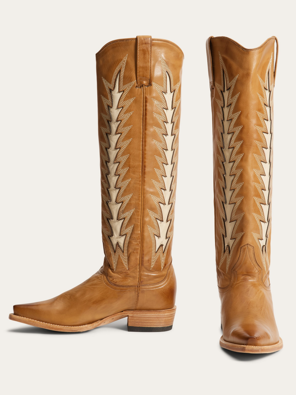 Brown Snip-Toe Inlay Embroidery Wide Calf Tall Knee High Cowgirl Boots