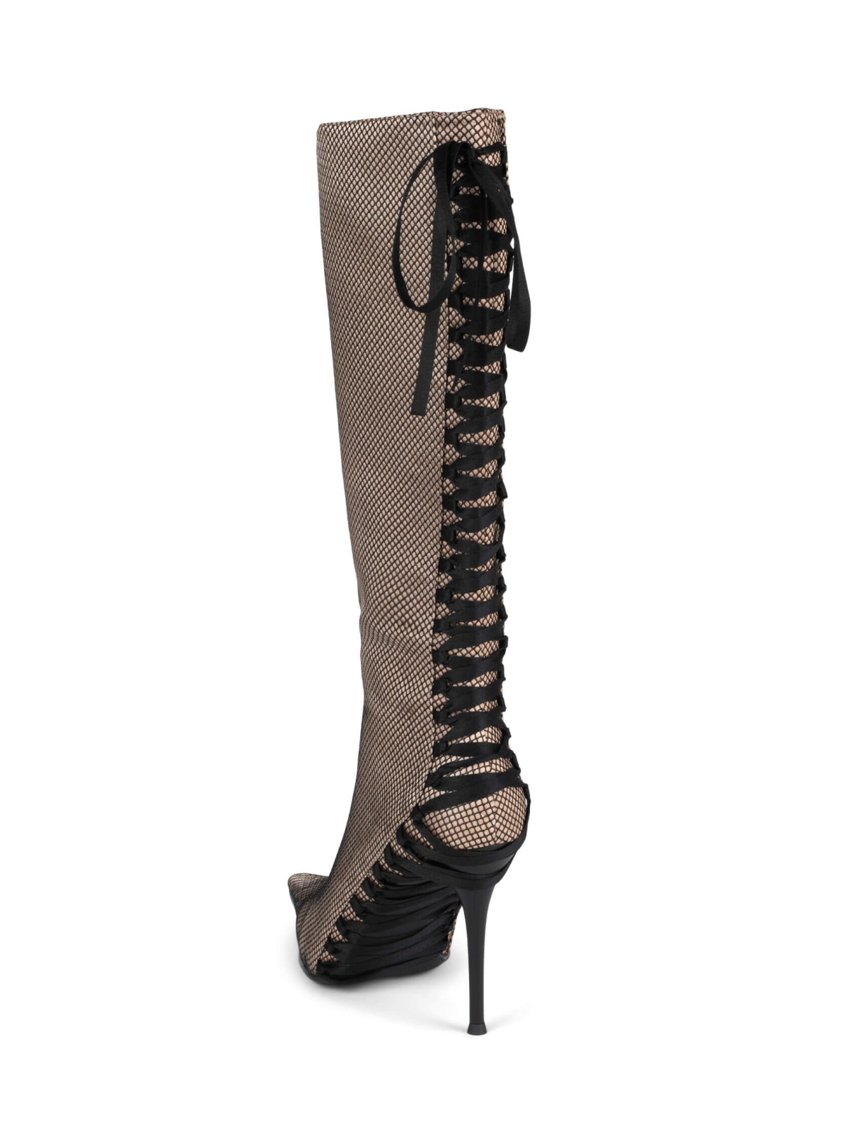 Metallic Fabric Champagne Full-Zip Mid Calf Stiletto Boots With Corset Lacing And Fishnet Overlay